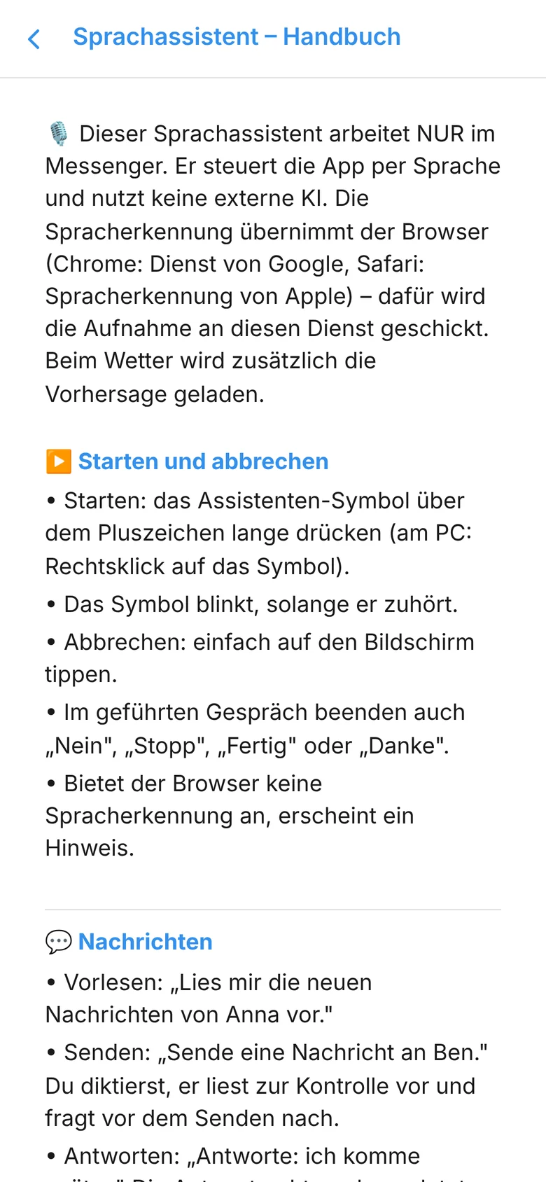 Handbuch des Sprachassistenten mit Beispielbefehlen
