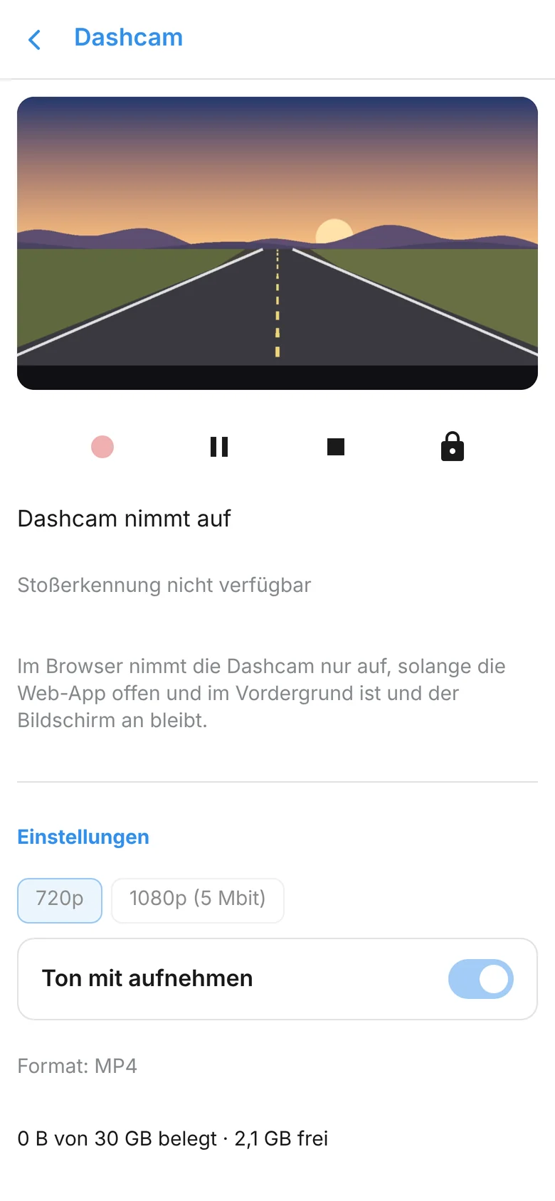 Dashcam-Bildschirm mit Aufnahme-Steuerung