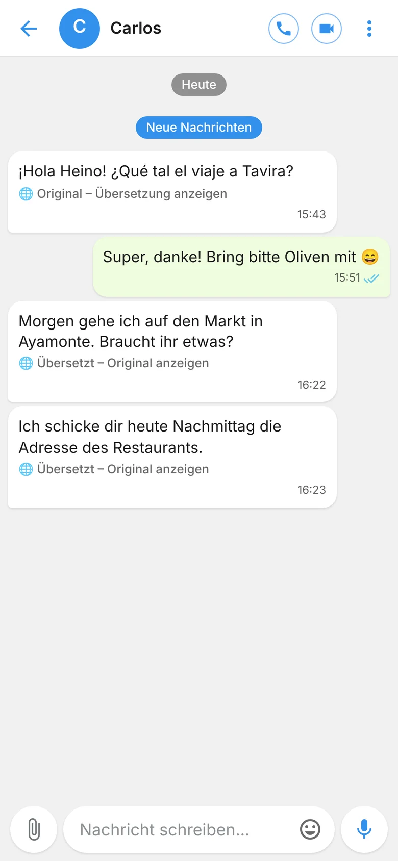Chat mit übersetzten Nachrichten und angezeigtem Original