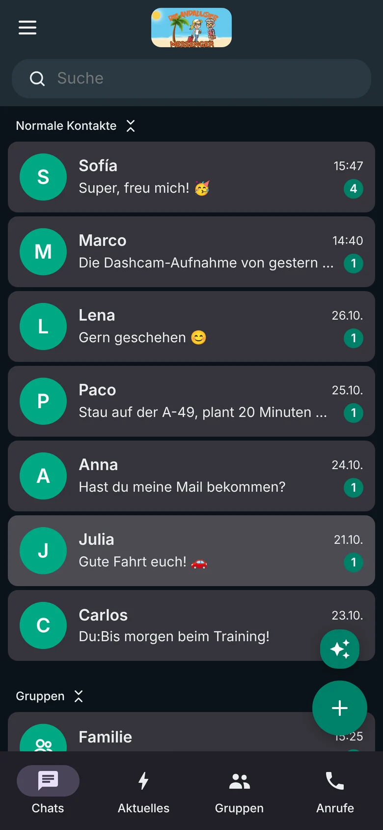 Chatliste im WhatsApp Style, dunkel