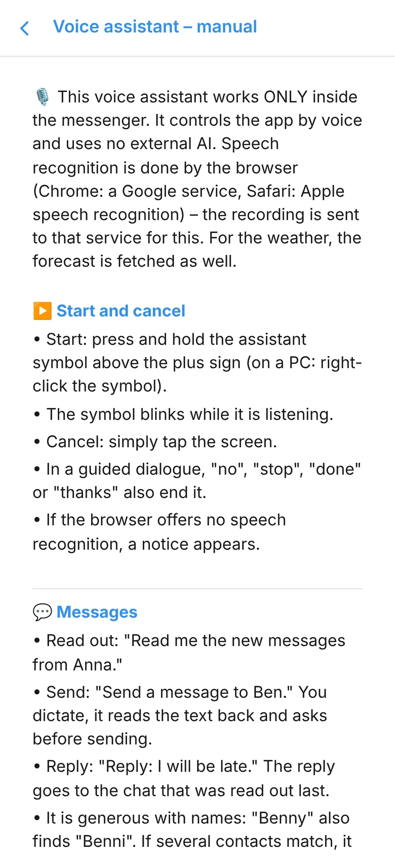 Voice assistant manual with example commands