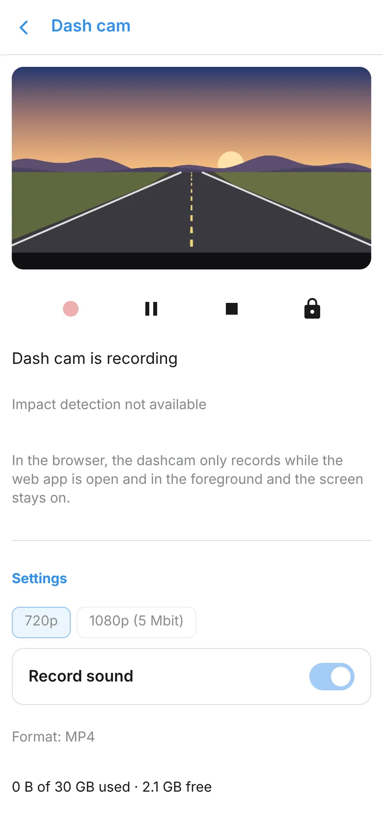 Dash cam screen with recording controls