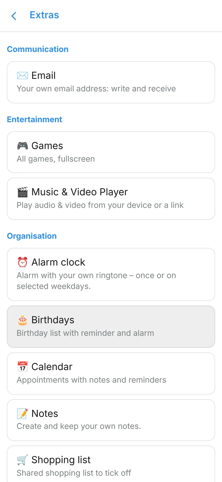 Organisation features of the app