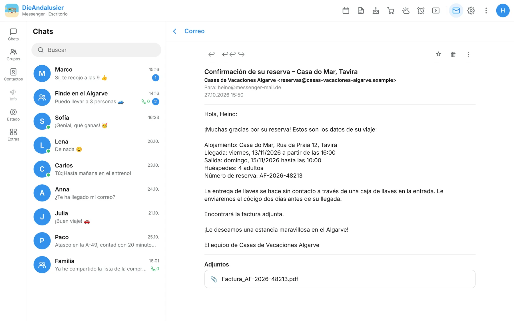 Correo abierto con adjunto en el programa de correo