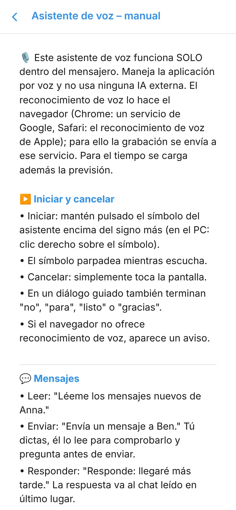 Manual del asistente de voz con comandos de ejemplo