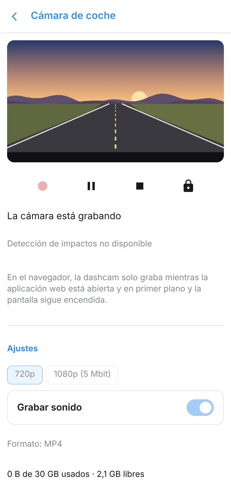 Pantalla de la cámara de coche con controles de grabación