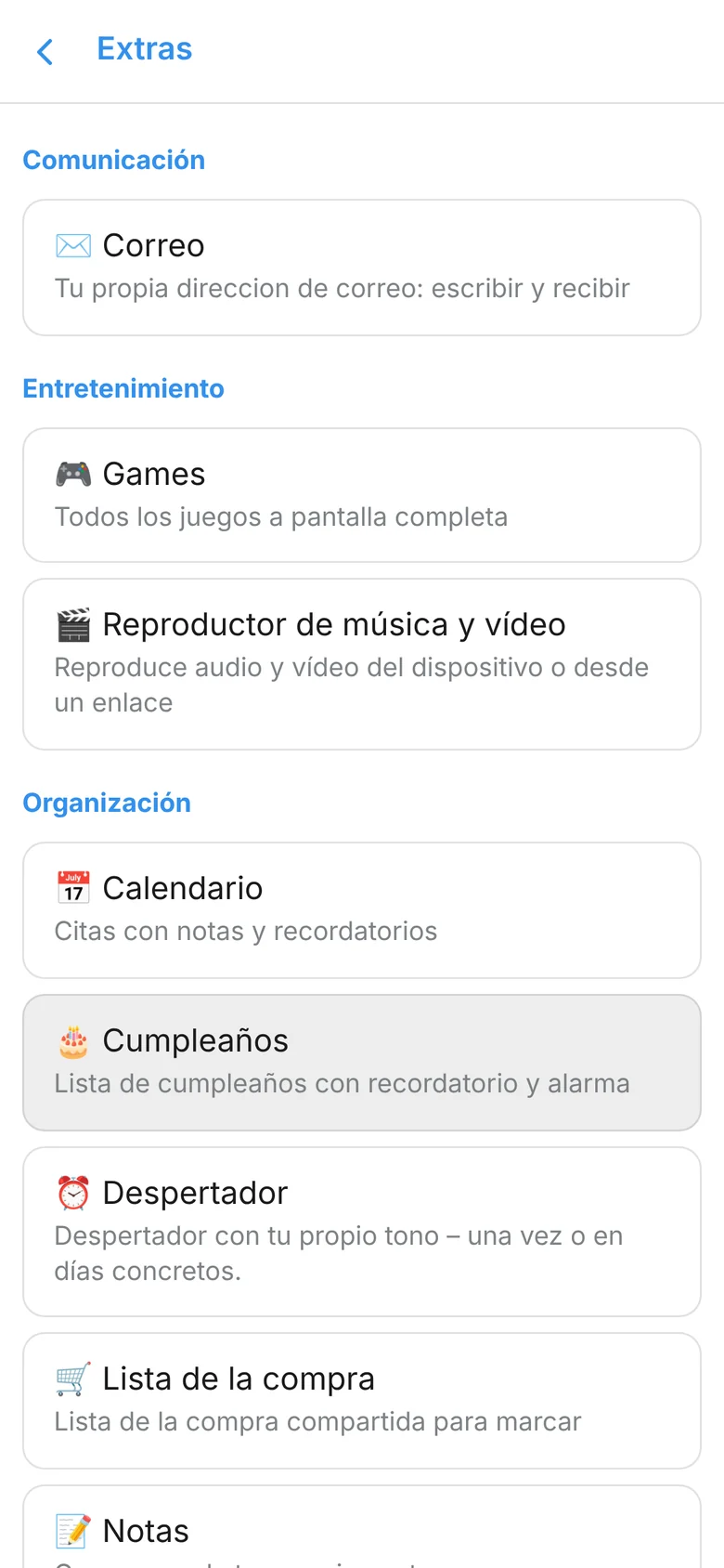 Funciones de organización de la app