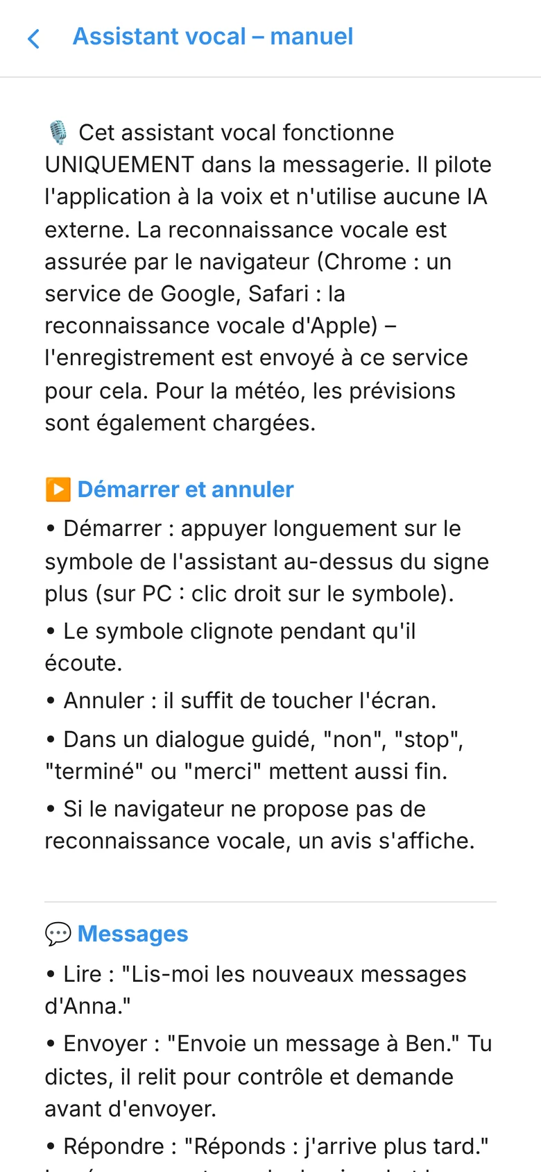 Manuel de l’assistant vocal avec exemples de commandes