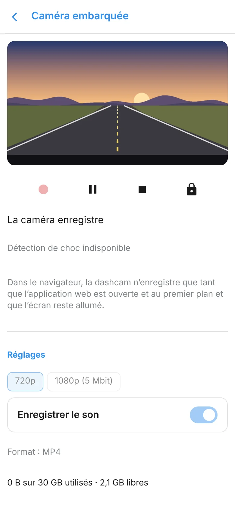 Écran de la caméra embarquée avec commandes d’enregistrement