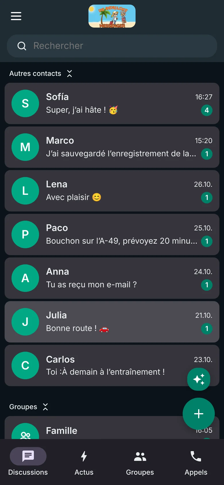Liste des discussions en WhatsApp Style, sombre