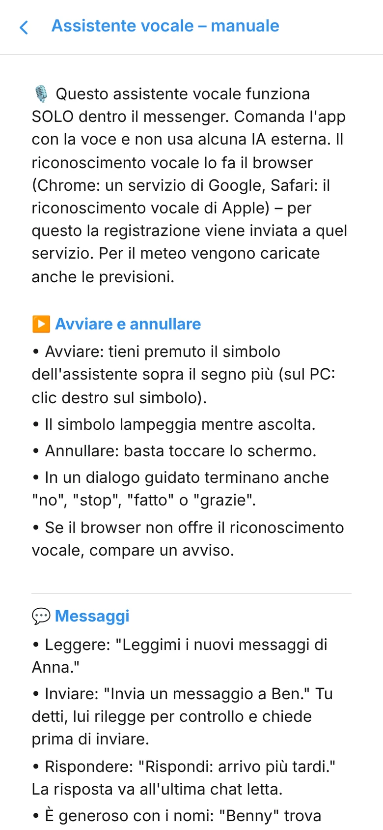 Manuale dell’assistente vocale con comandi di esempio