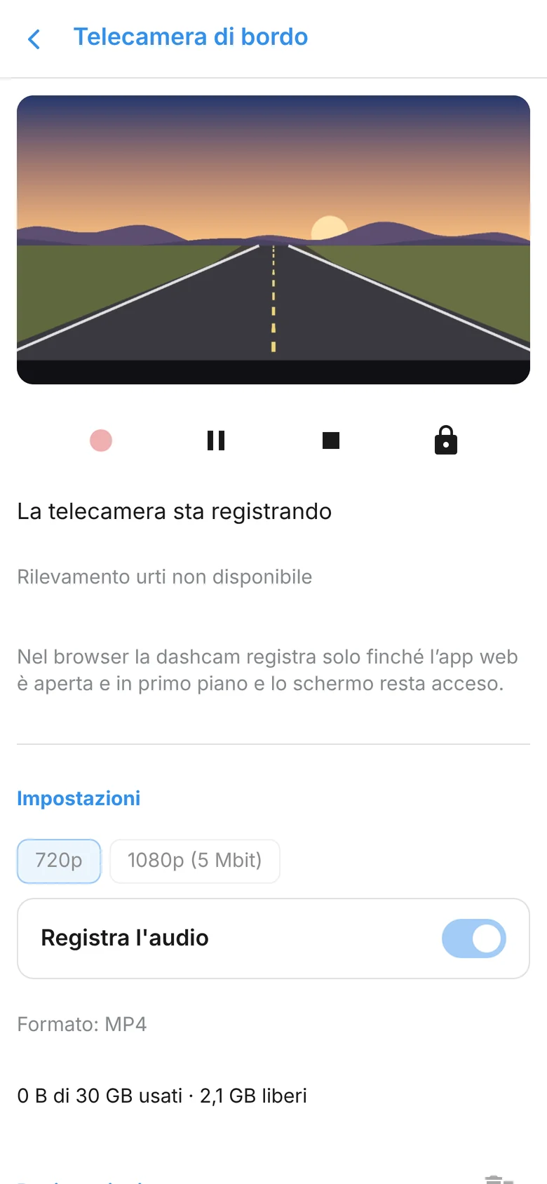 Schermata della telecamera di bordo con i comandi di registrazione