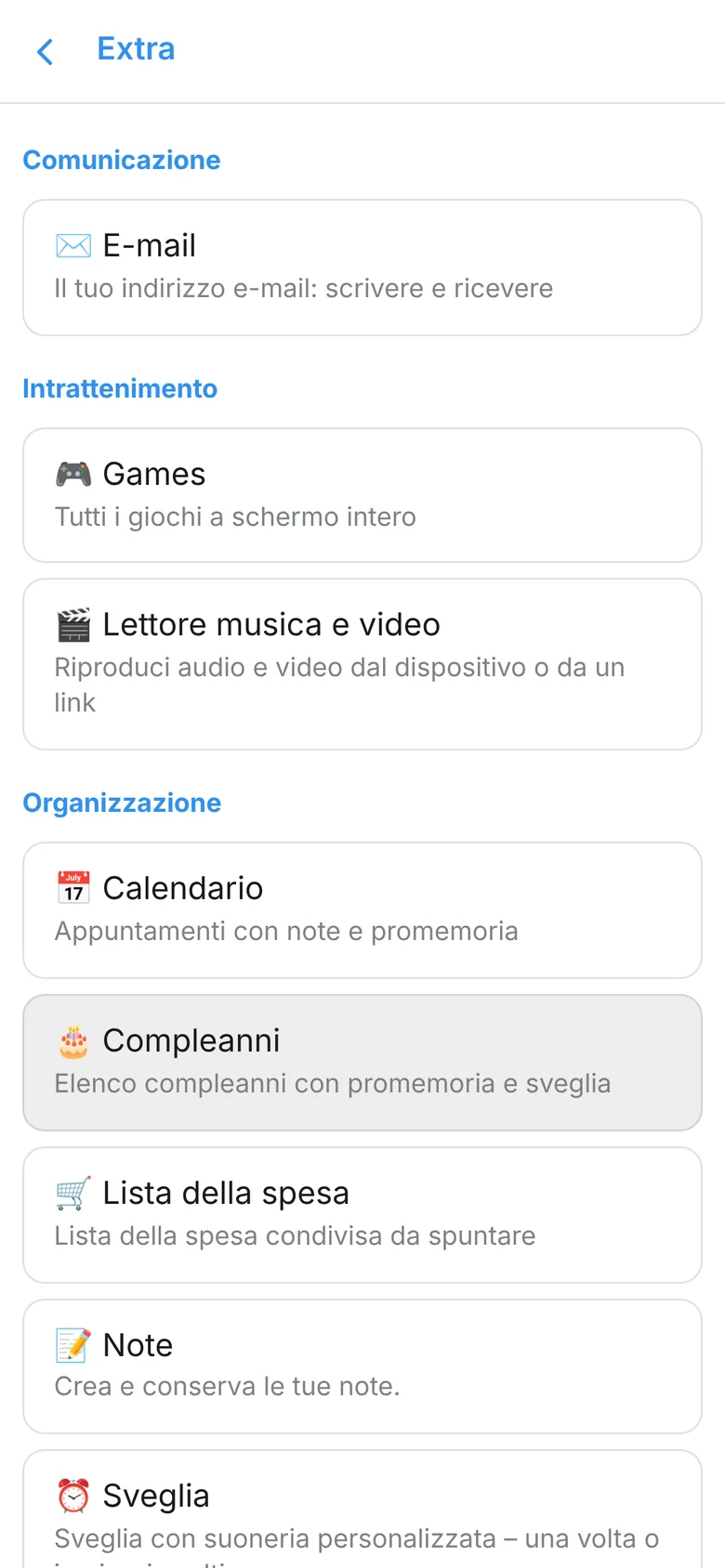 Funzioni di organizzazione dell’app