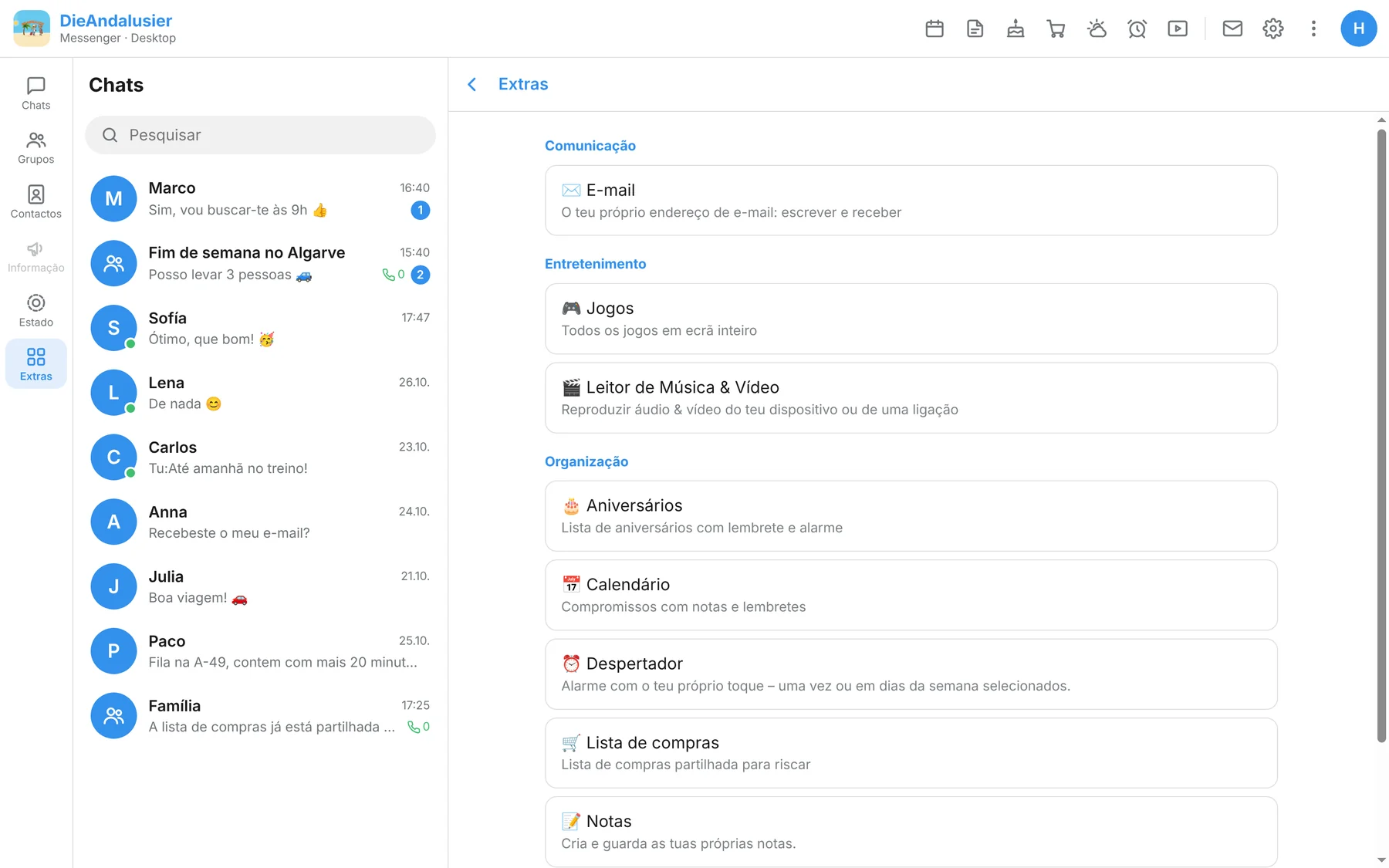 App para Windows com Extras no ecrã grande