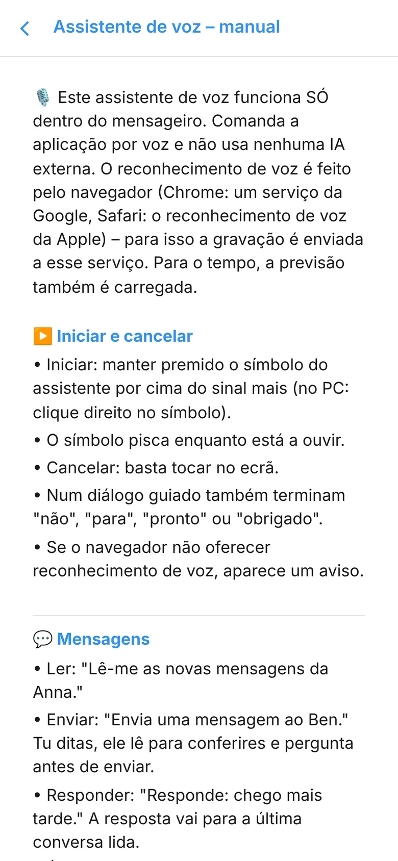 Manual do assistente de voz com comandos de exemplo