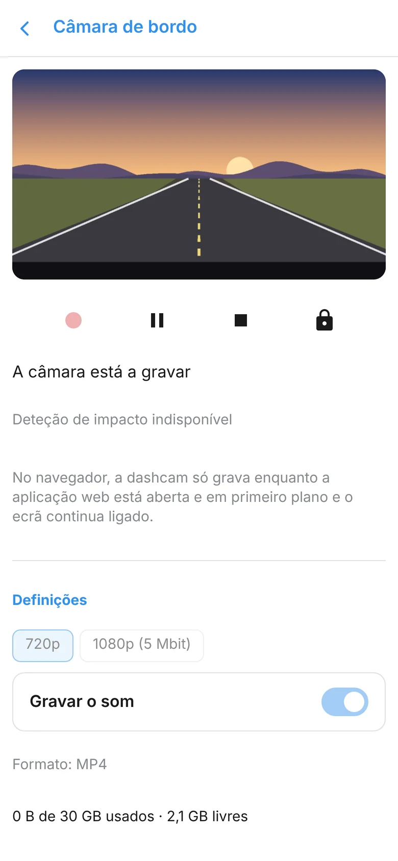 Ecrã da câmara de bordo com os controlos de gravação