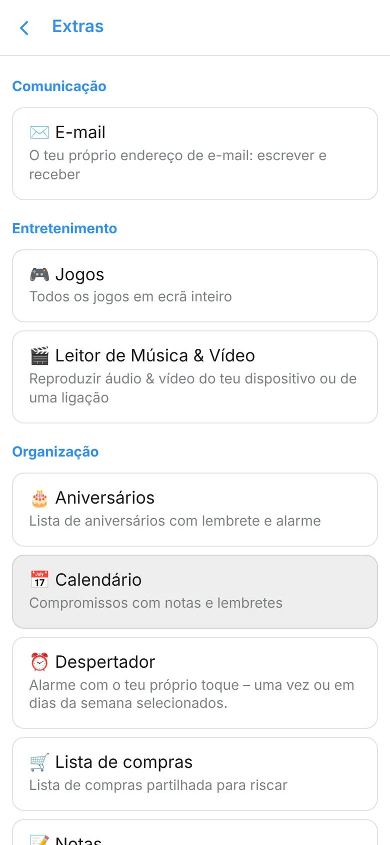 Funcionalidades de organização da app