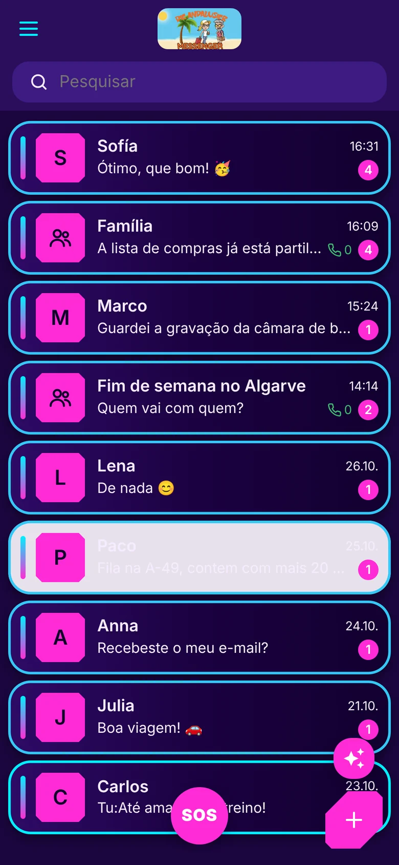 Lista de conversas no estilo Neon 80er